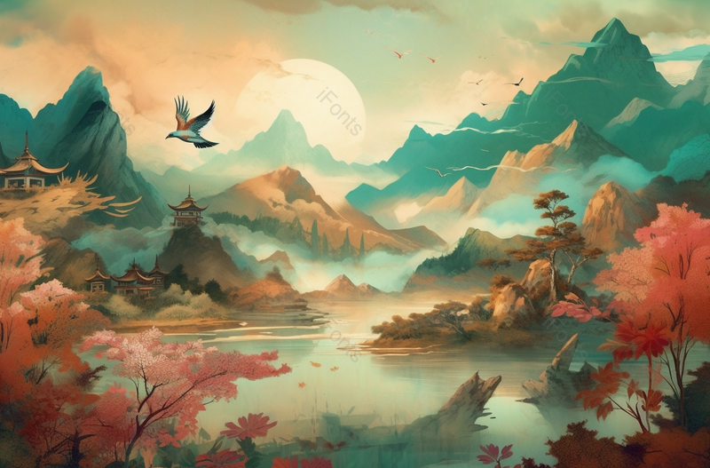 青绿山水雄鹰展翅高飞水墨画背景,插画/手绘图,插画/手绘图库,插画/手绘图下载,插画/手绘